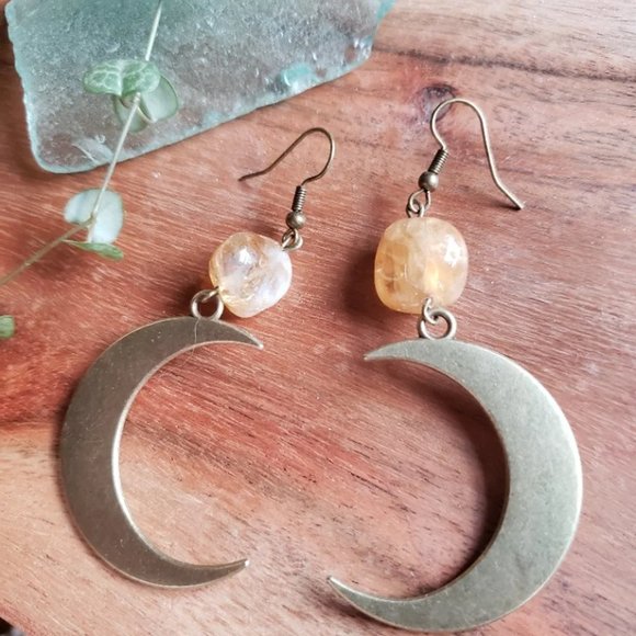 Citrine Quartz + Rustic Crescent Moon Handmade Healing Earrings - Picture 3 of 3